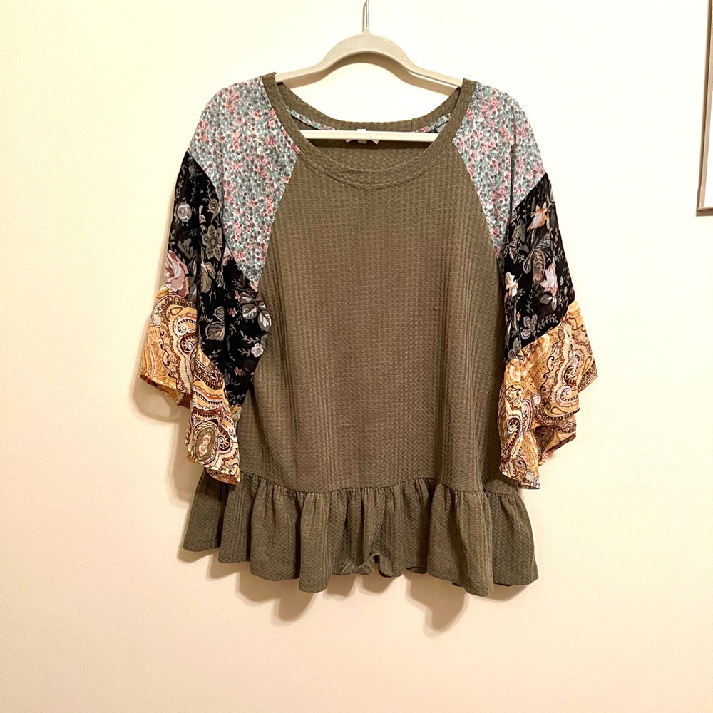Umgee Olive Waffle-knit Blouse